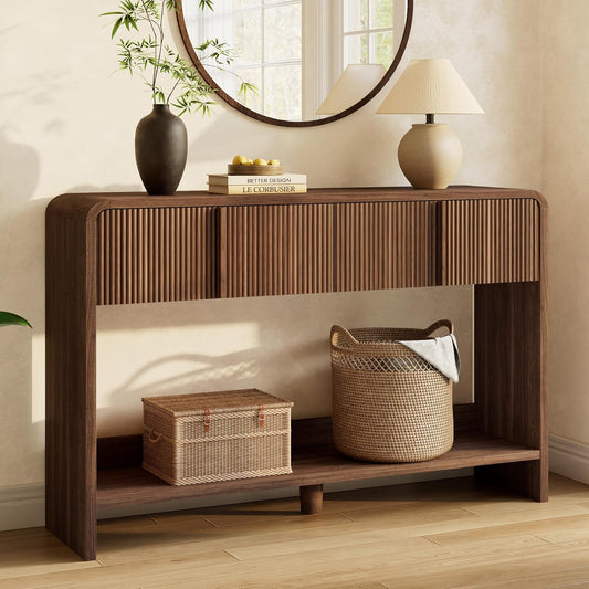 Curvia Wooden Console Table Amerlife Fluted Panel / Brown