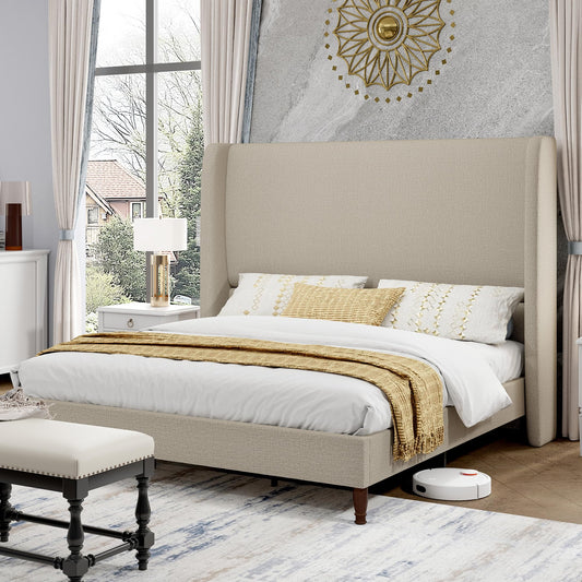 Tall Upholstered Bed Frame with Wingback Headboard-Queen-Khaki