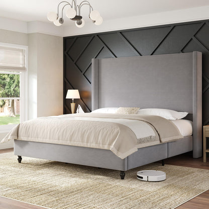 Cordelle Corduroy Wingback Bed Frame-King-Light Grey