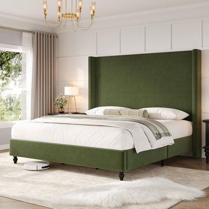 Cordelle Corduroy Wingback Bed Frame-California King-Green