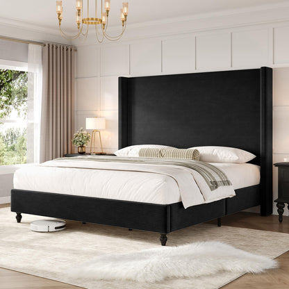 Cordelle Corduroy Wingback Bed Frame-Queen-Black