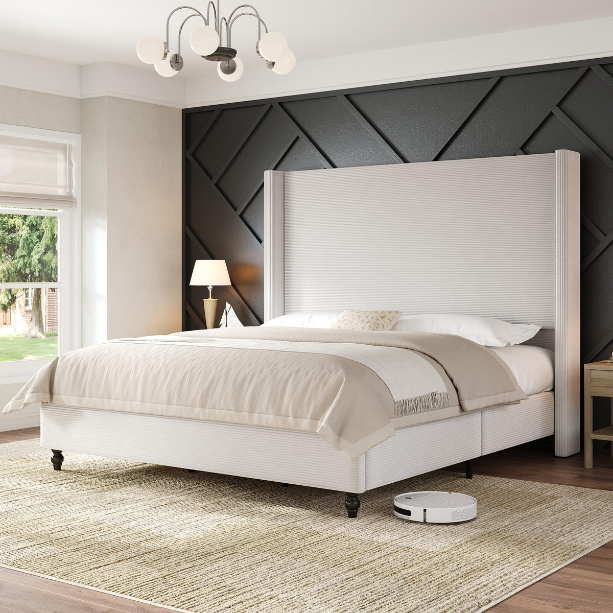 Cordelle Corduroy Wingback Bed Frame-Queen-Cream