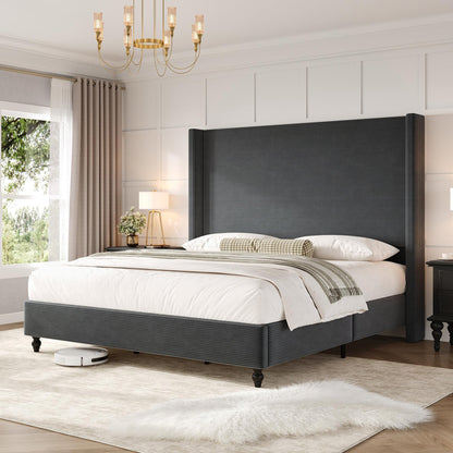 Cordelle Corduroy Wingback Bed Frame-King-Dark Grey