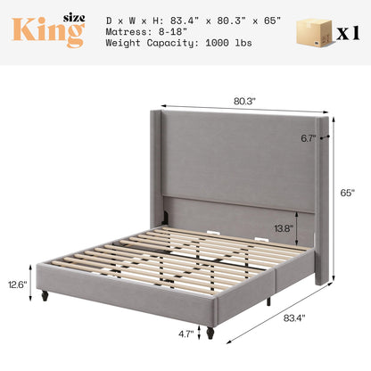 Cordelle Corduroy Wingback Bed Frame-King-Light Grey
