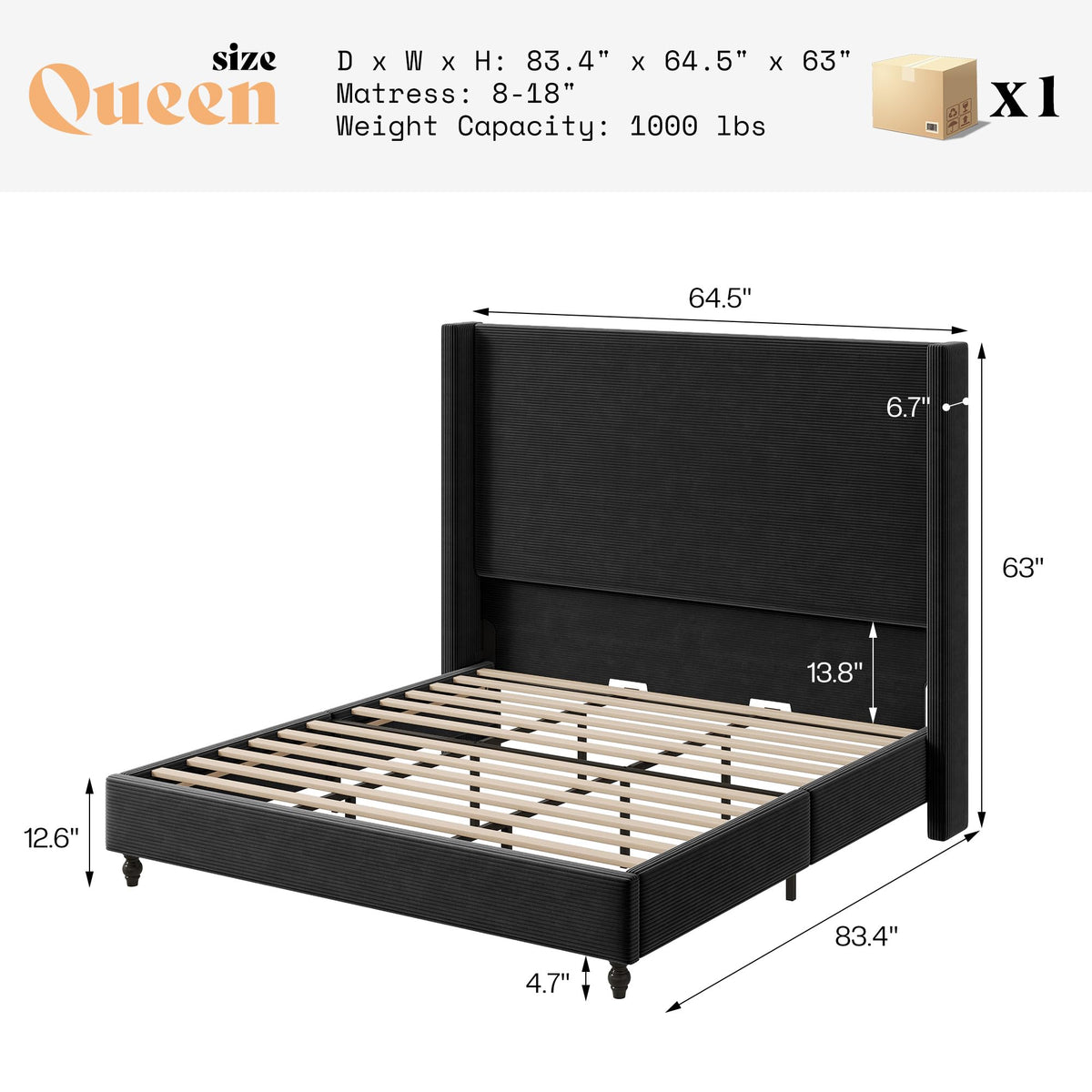Cordelle Corduroy Wingback Bed Frame-Queen-Black