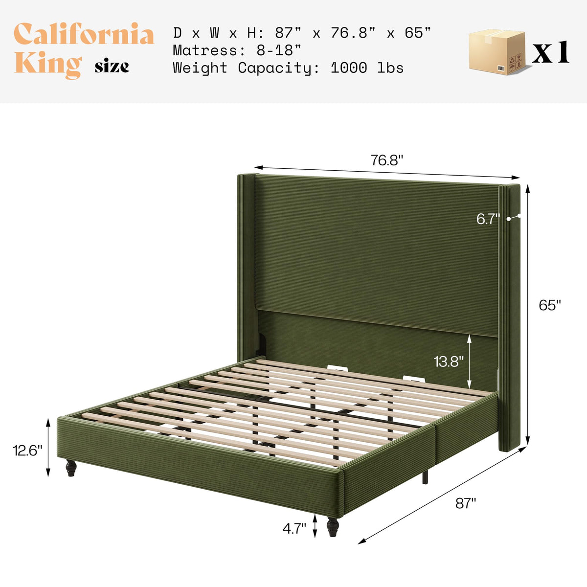 Cordelle Corduroy Wingback Bed Frame-California King-Green