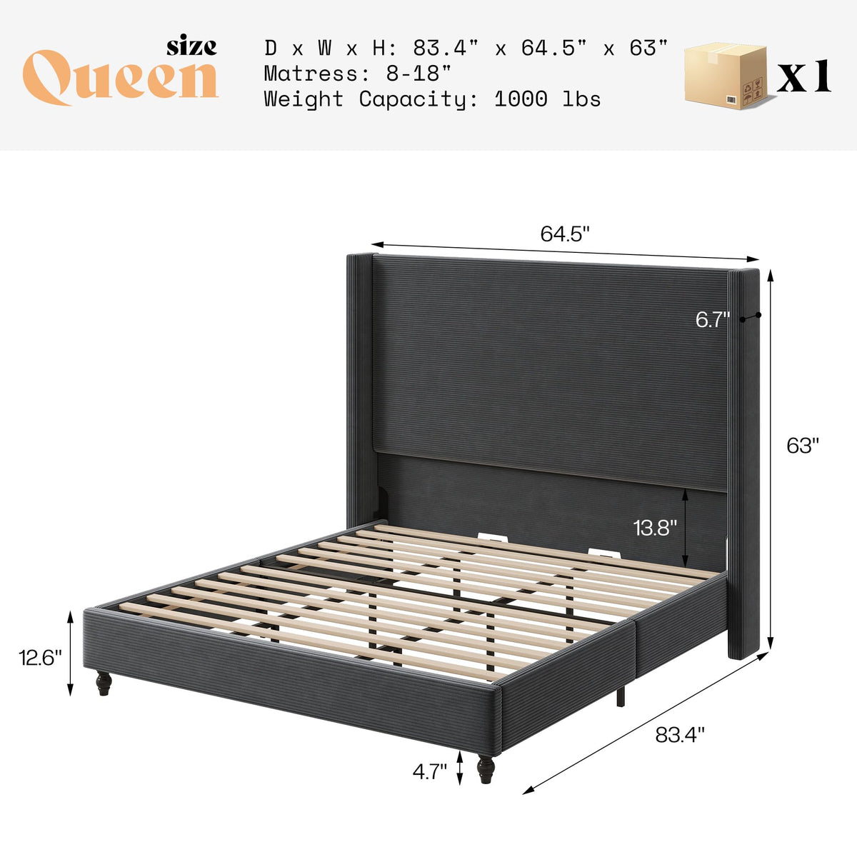 Cordelle Corduroy Wingback Bed Frame-Queen-Dark Grey