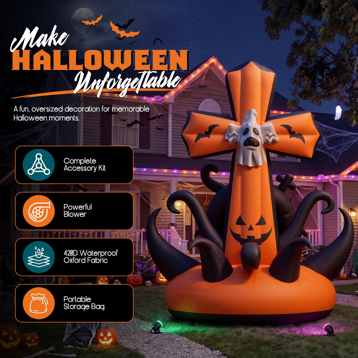 Giant Halloween Inflatable Ghost & Pumpkin-Pumpkin Cross-32.8 FT