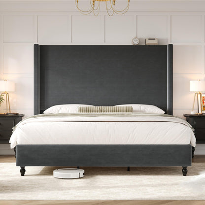 Cordelle Corduroy Wingback Bed Frame-King-Dark Grey