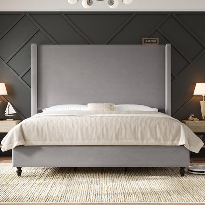 Cordelle Corduroy Wingback Bed Frame-King-Light Grey