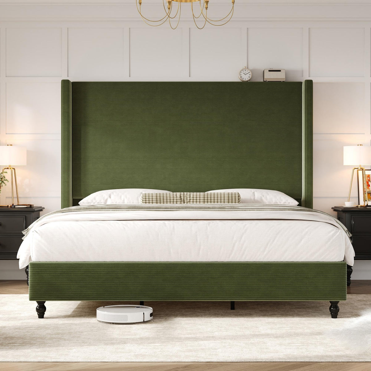 Cordelle Corduroy Wingback Bed Frame-King-Green