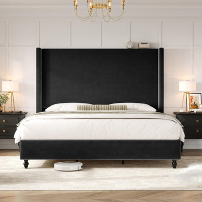 Cordelle Corduroy Wingback Bed Frame-Queen-Black