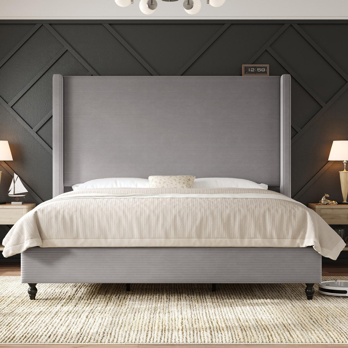Cordelle Corduroy Wingback Bed Frame-Queen-Light Grey