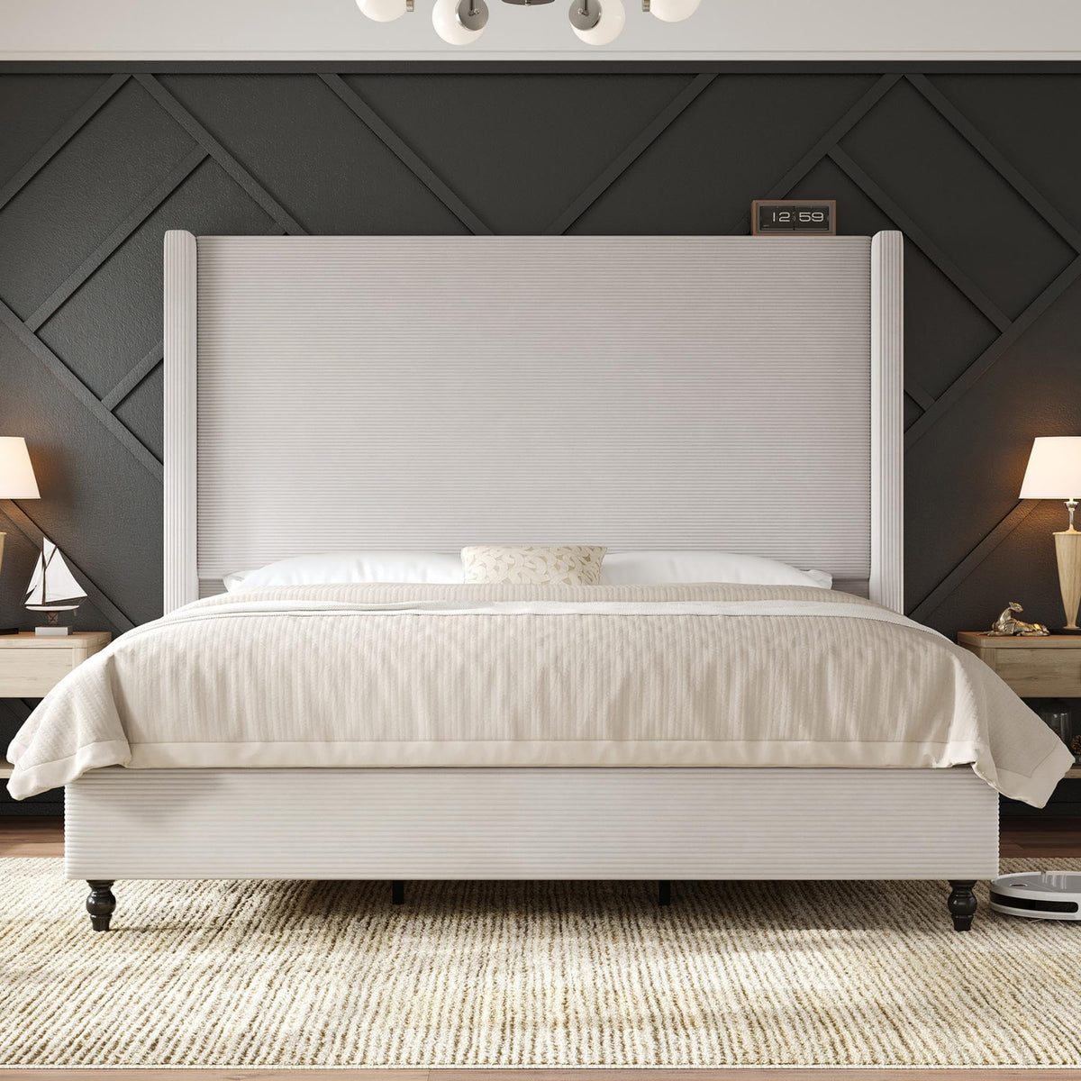 Cordelle Corduroy Wingback Bed Frame-Queen-Cream