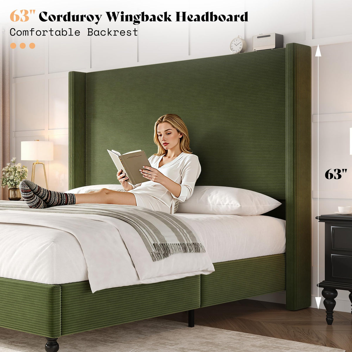 Cordelle Corduroy Wingback Bed Frame-Queen-Green