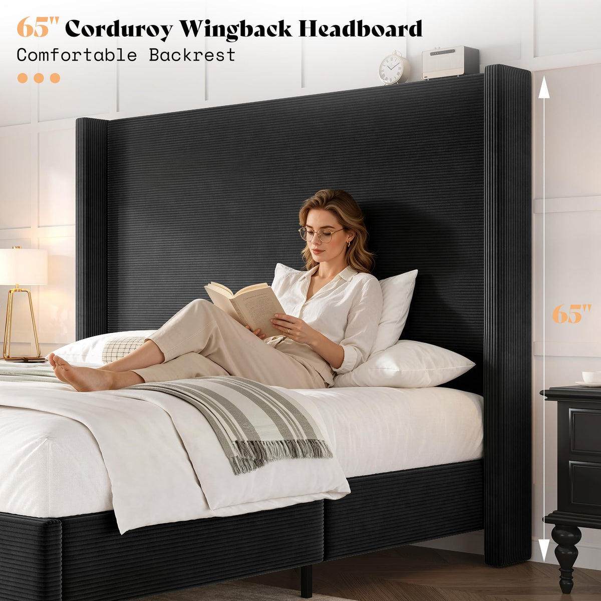 Cordelle Corduroy Wingback Bed Frame-California King-Black