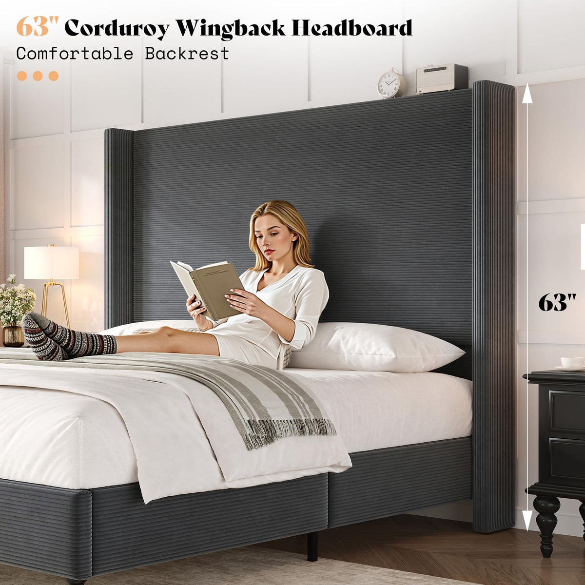 Cordelle Corduroy Wingback Bed Frame-Queen-Dark Grey