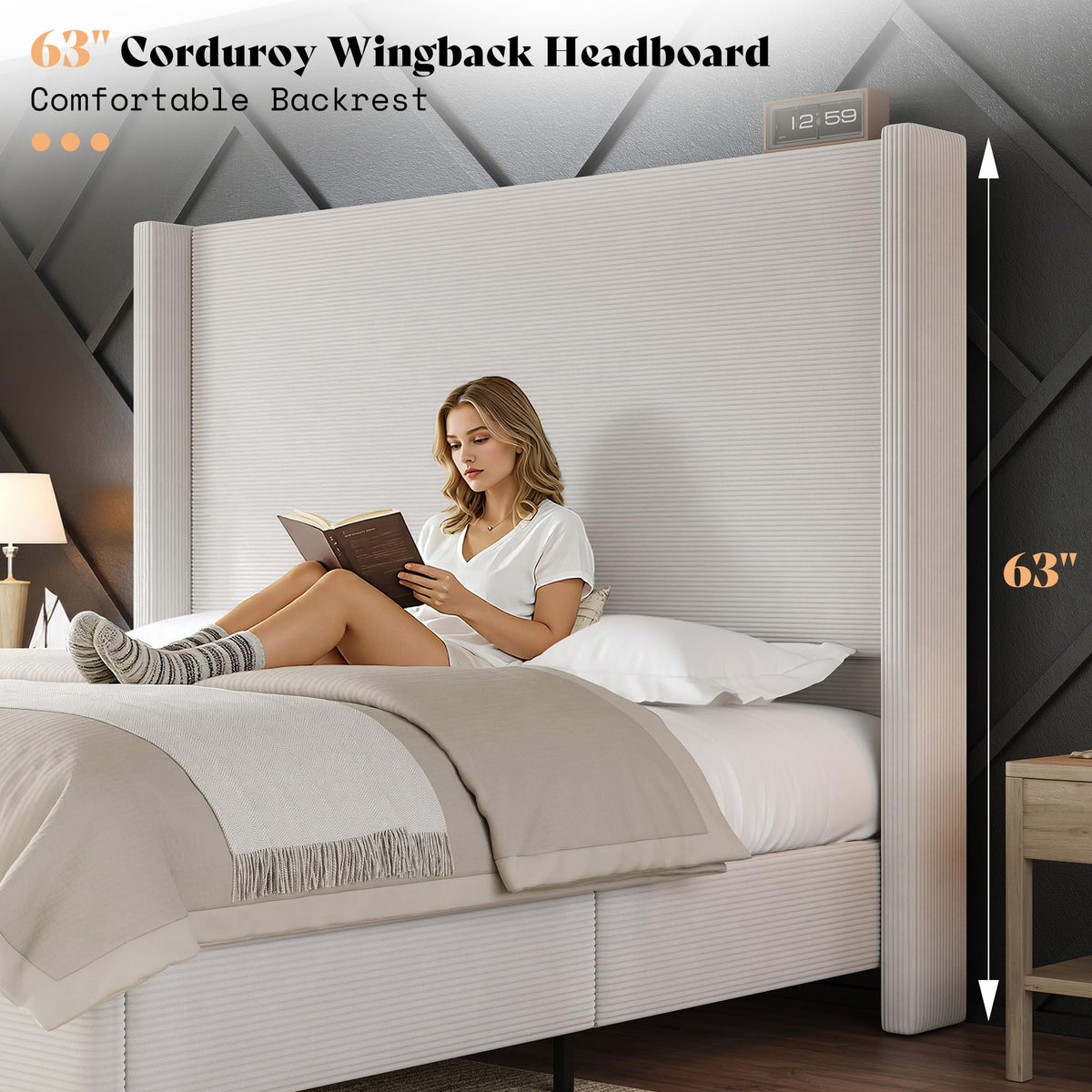 Cordelle Corduroy Wingback Bed Frame-Queen-Cream
