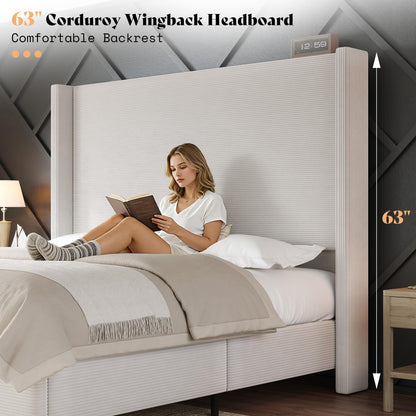 Cordelle Corduroy Wingback Bed Frame-Queen-Cream