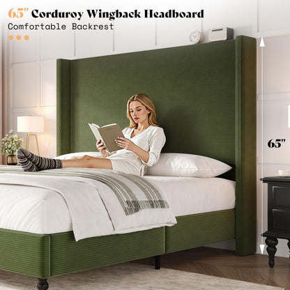 Cordelle Corduroy Wingback Bed Frame-California King-Green