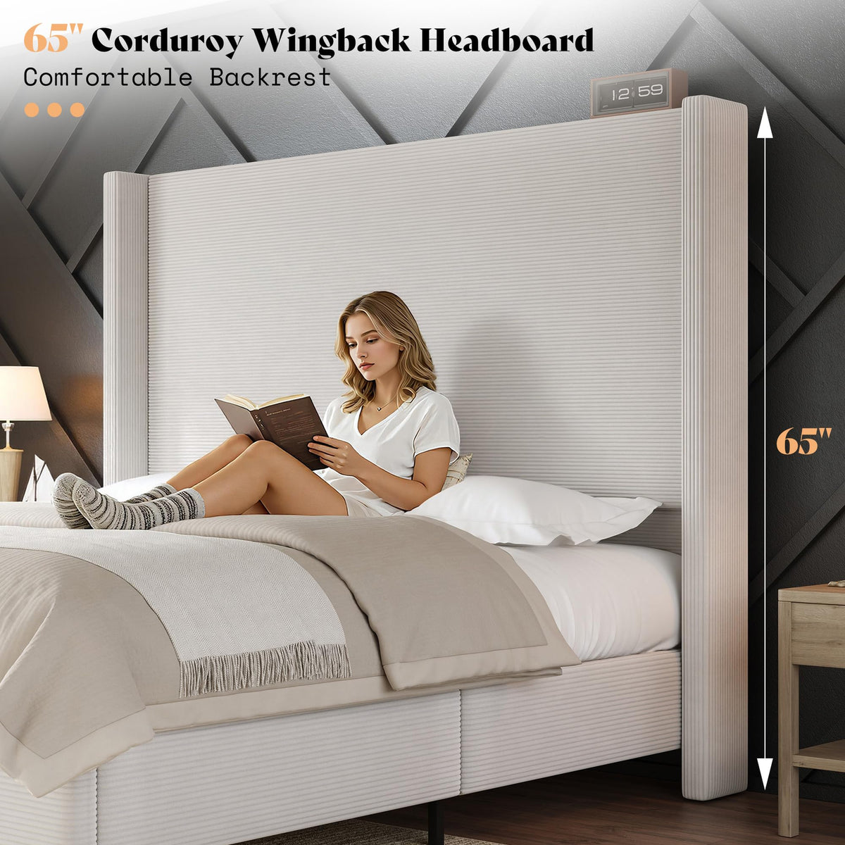 Cordelle Corduroy Wingback Bed Frame-California King-Cream