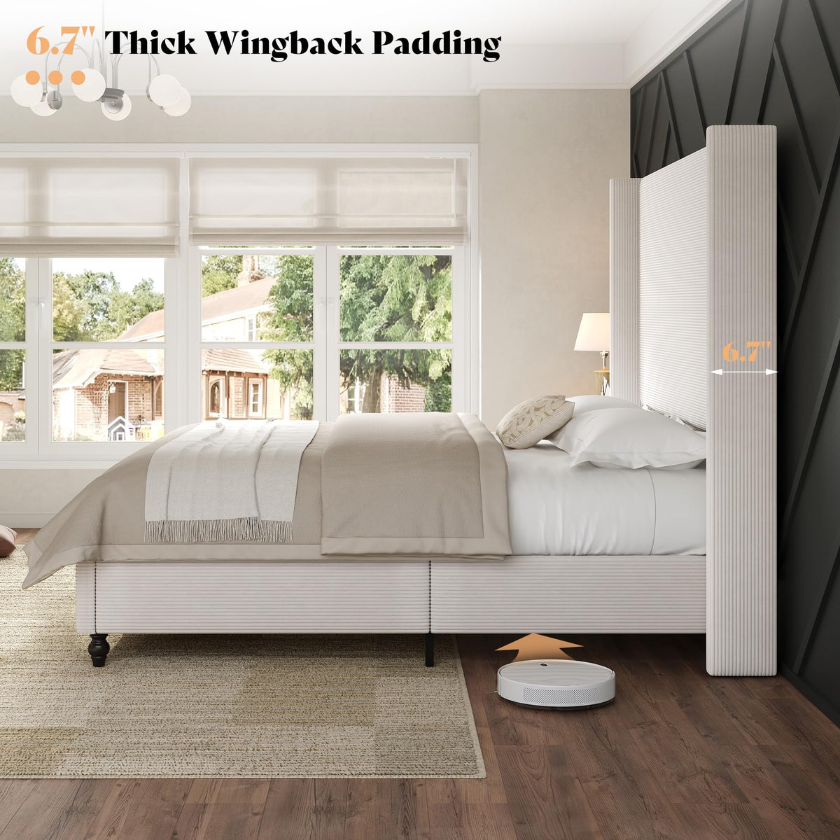 Cordelle Corduroy Wingback Bed Frame-California King-Cream