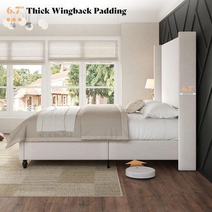 Cordelle Corduroy Wingback Bed Frame-King-Cream
