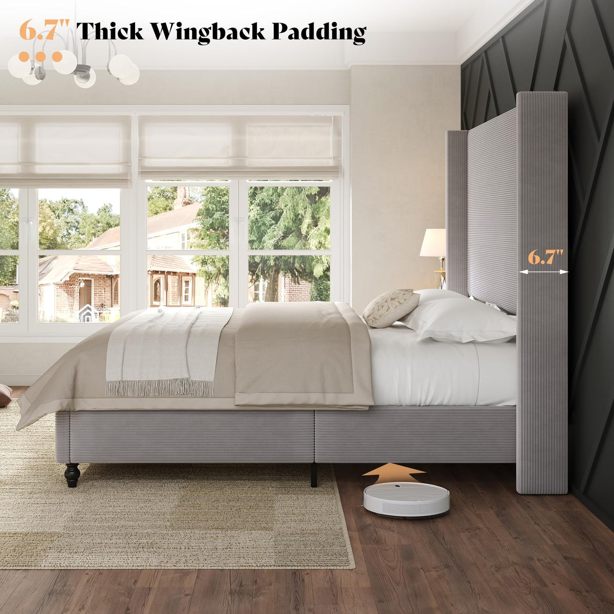 Cordelle Corduroy Wingback Bed Frame-King-Light Grey