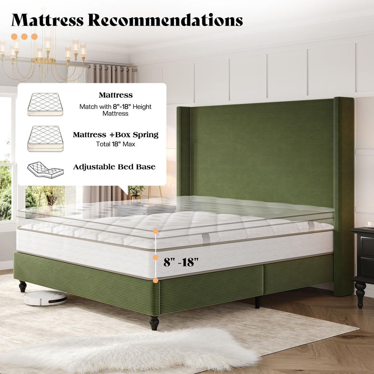 Cordelle Corduroy Wingback Bed Frame-California King-Green