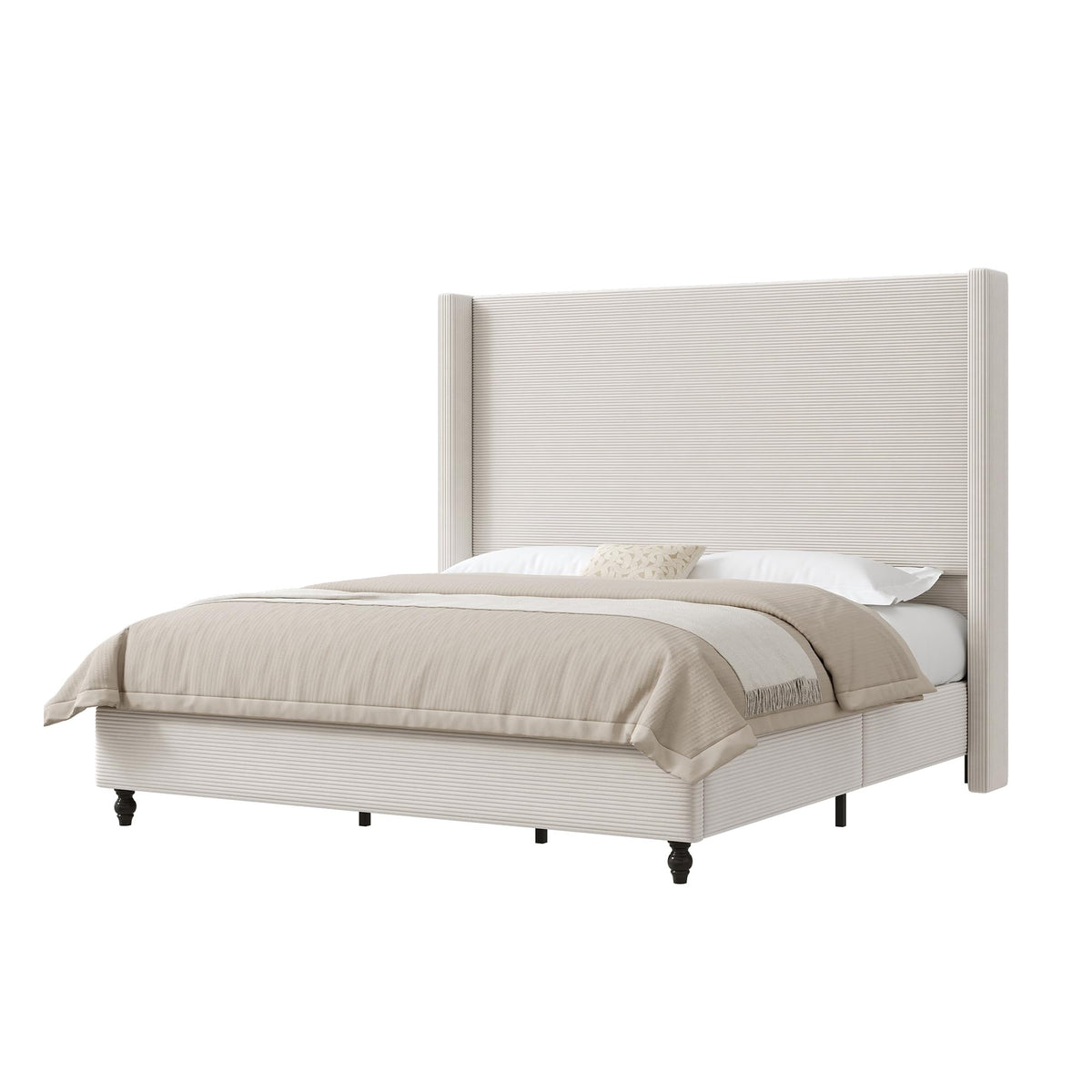 Cordelle Corduroy Wingback Bed Frame-Queen-Cream