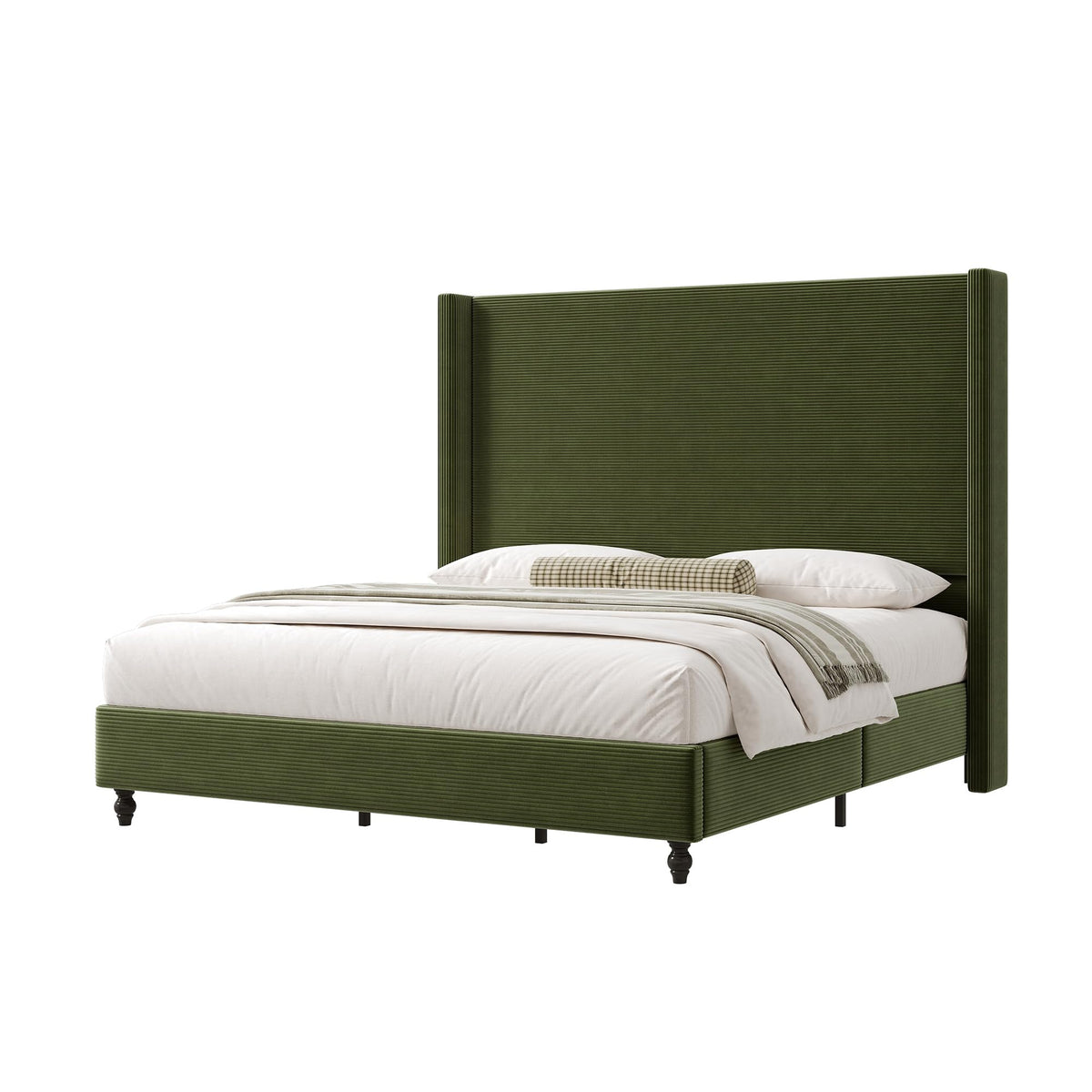 Cordelle Corduroy Wingback Bed Frame-Queen-Green